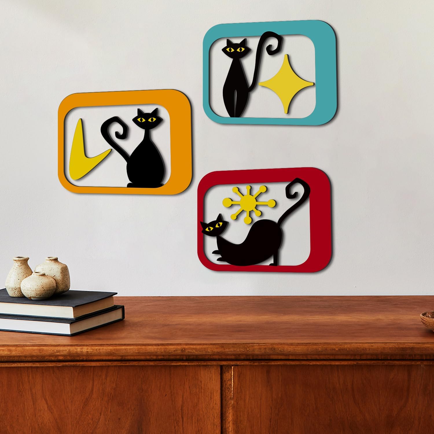 LiveInUrban Cat Wall Art Decor Wall Sculptures Decor for Cats Lover for Living Room Bedroom Kitchen Bathroom, Framed Atomic Cat 3PCS