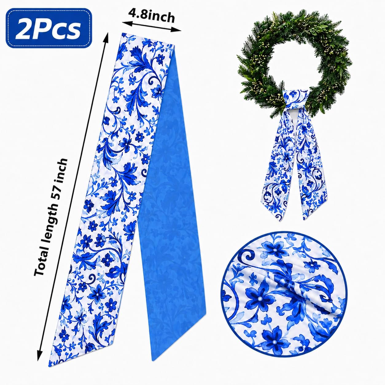 Blue and White Wreath Sash for Front Door, 2Pcs Chinoiserie Satin Sash for Wreath Home Porch Decor, Spring Summer Bridal Shower Decor, 4.8in X 57in