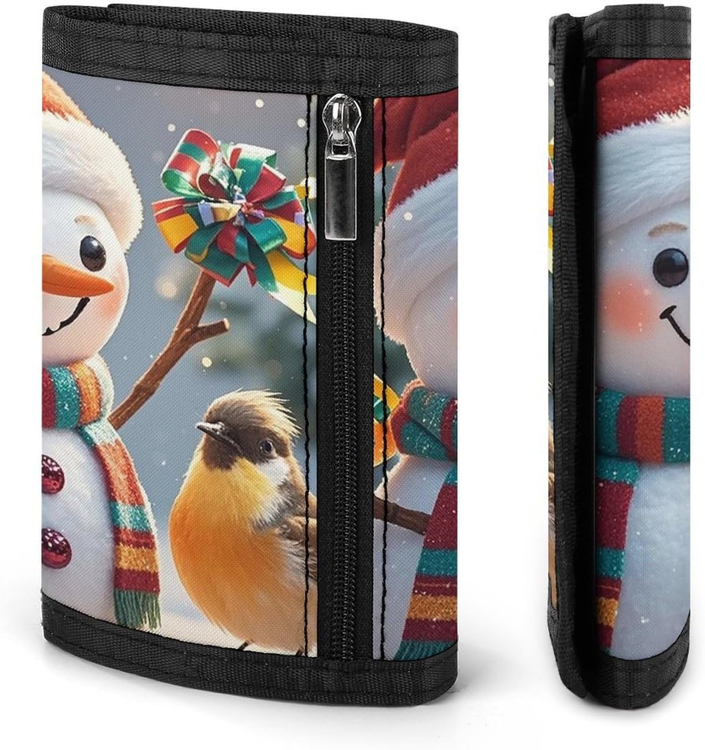 Trifold Canvas Wallet with Keychain, Modern Fashion Credit Card Holder Wallet for Men Women, Merry Christmas Snow Man And Birds Slim Wallets W/Zipper Coin Pocket, Novelty Birthday Gift