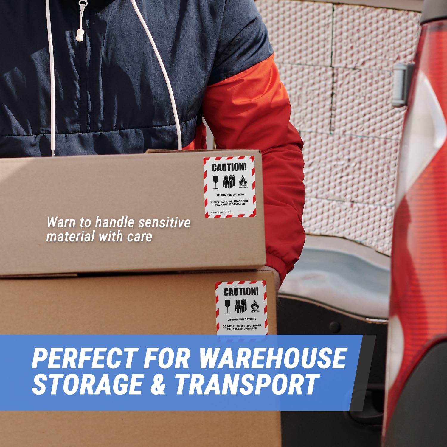 Handle with Care: 4 x 5 inch - Caution Lithium Ion Battery UN3481 Stickers for Safe Transportation (300 Stickers, White)