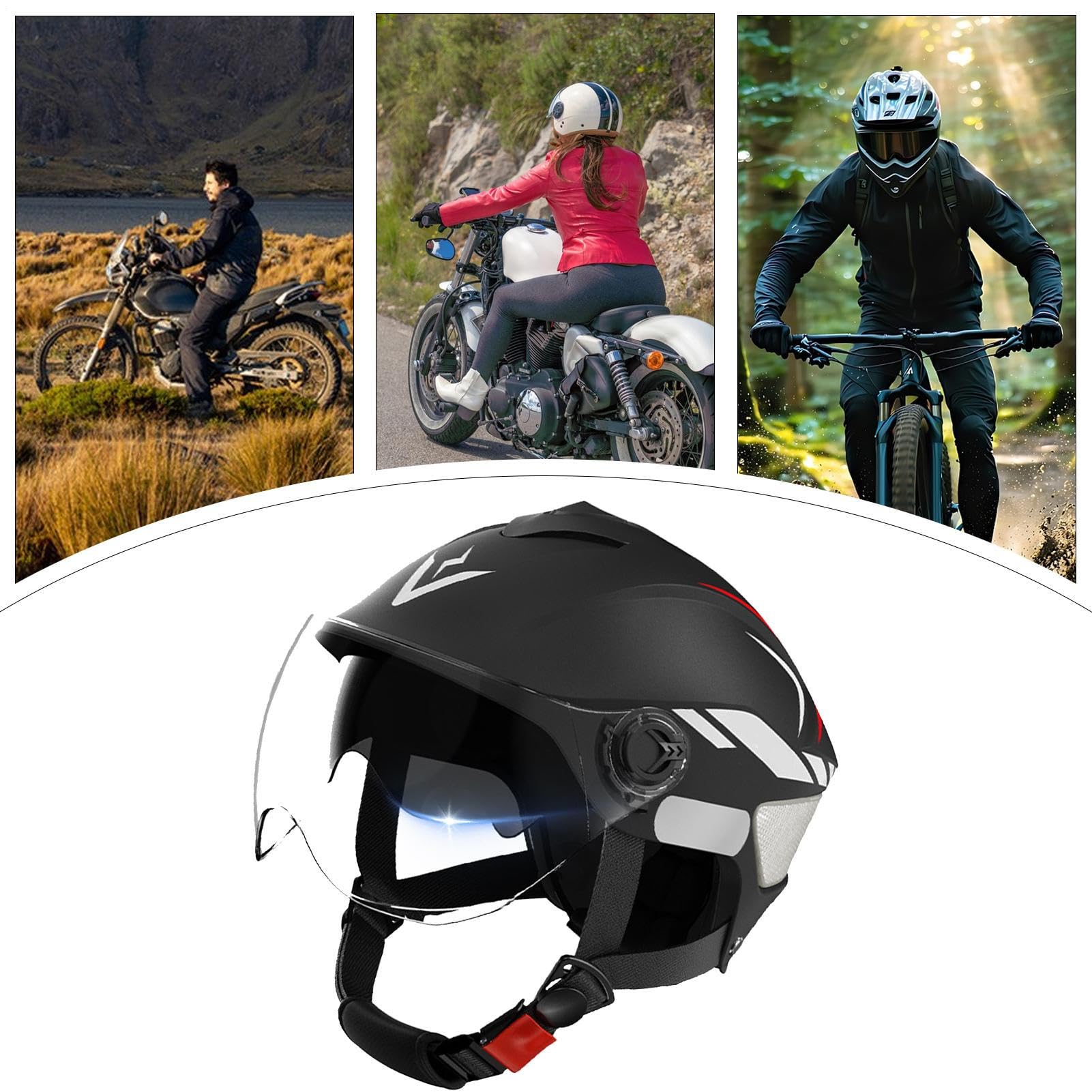 Motorcycle Headgear, Double Visor Scooter Helmet Adult, 21.25x24.01 Inches Adjustable Fit Riding Gear & UV Block Design, Hard Shell Hat for Wife, Husband, Son, Family, Men, Friends