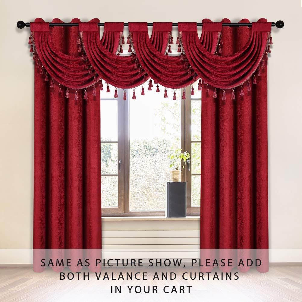 ELKCA Chenille Burgundy Red Waterfall Swag Valances(30" W x 22" L, 4 Panels,Rod Pocket) and Curtain (52"x96", 2 Panels,Grommet Top)