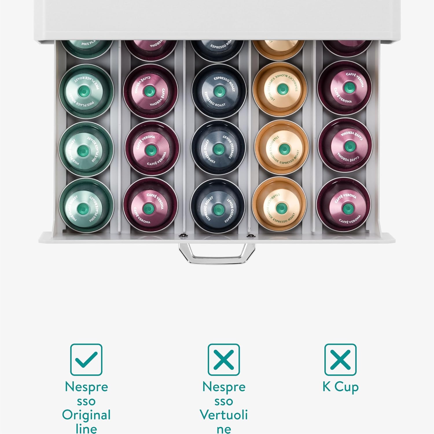 Navaris Coffee Pod Holder Drawer - 50 Capsule Storage Organizer Tray Counter Container - Fits Standard Sizes of Pods and Capsules - 1 Drawer Design - White