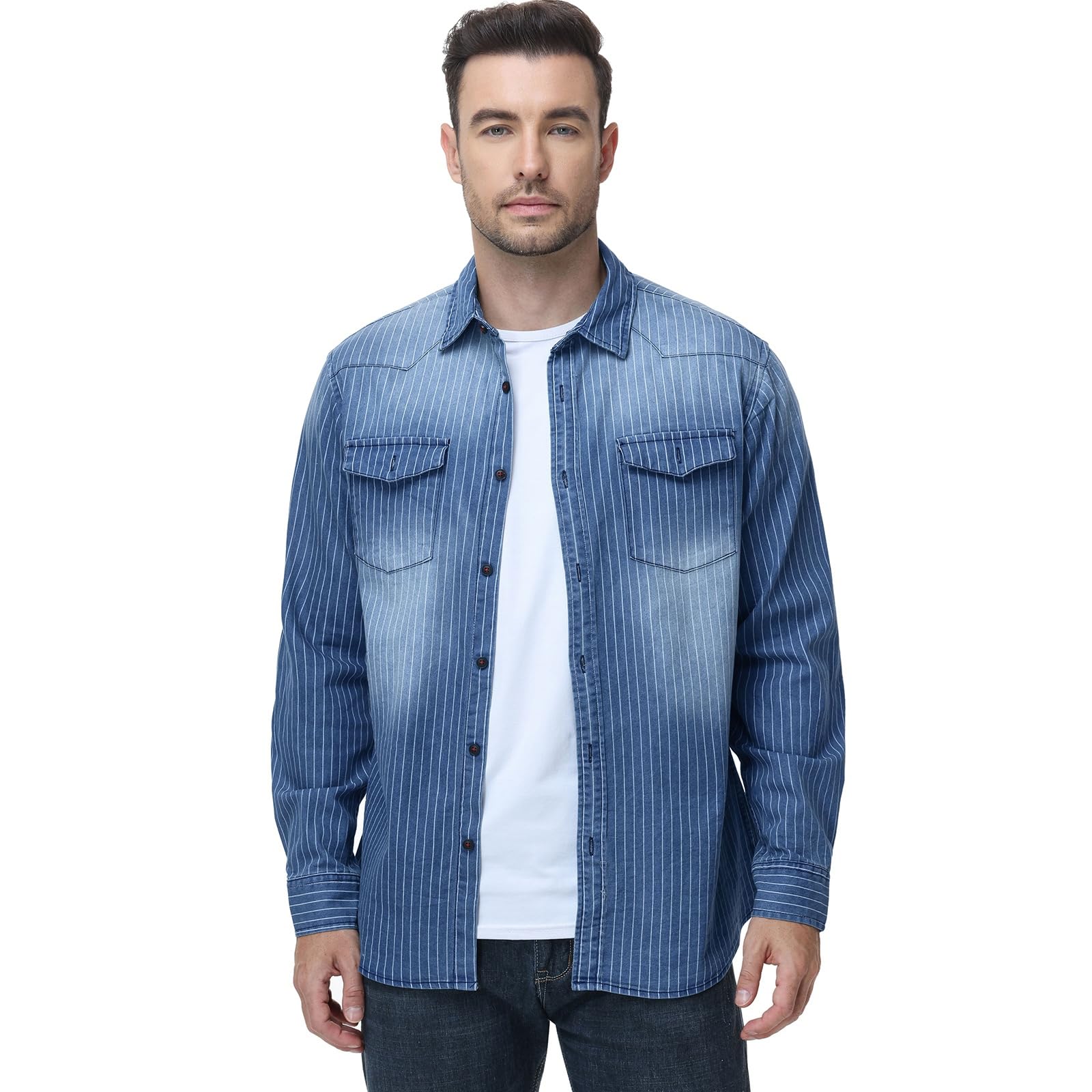 HOTIAN Chemise pour Homme, en Denim, à Manches Longues, pour Loisirs, Affaires, Coupe ajustée