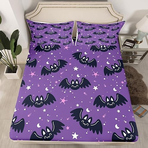 Miniatura 2 de Lindas sábanas de murciélagos tamaño Queen, juego de sábanas de Feliz Halloween para niños y niñas, Kawaii cielo estrellado estrellas luna, sábana