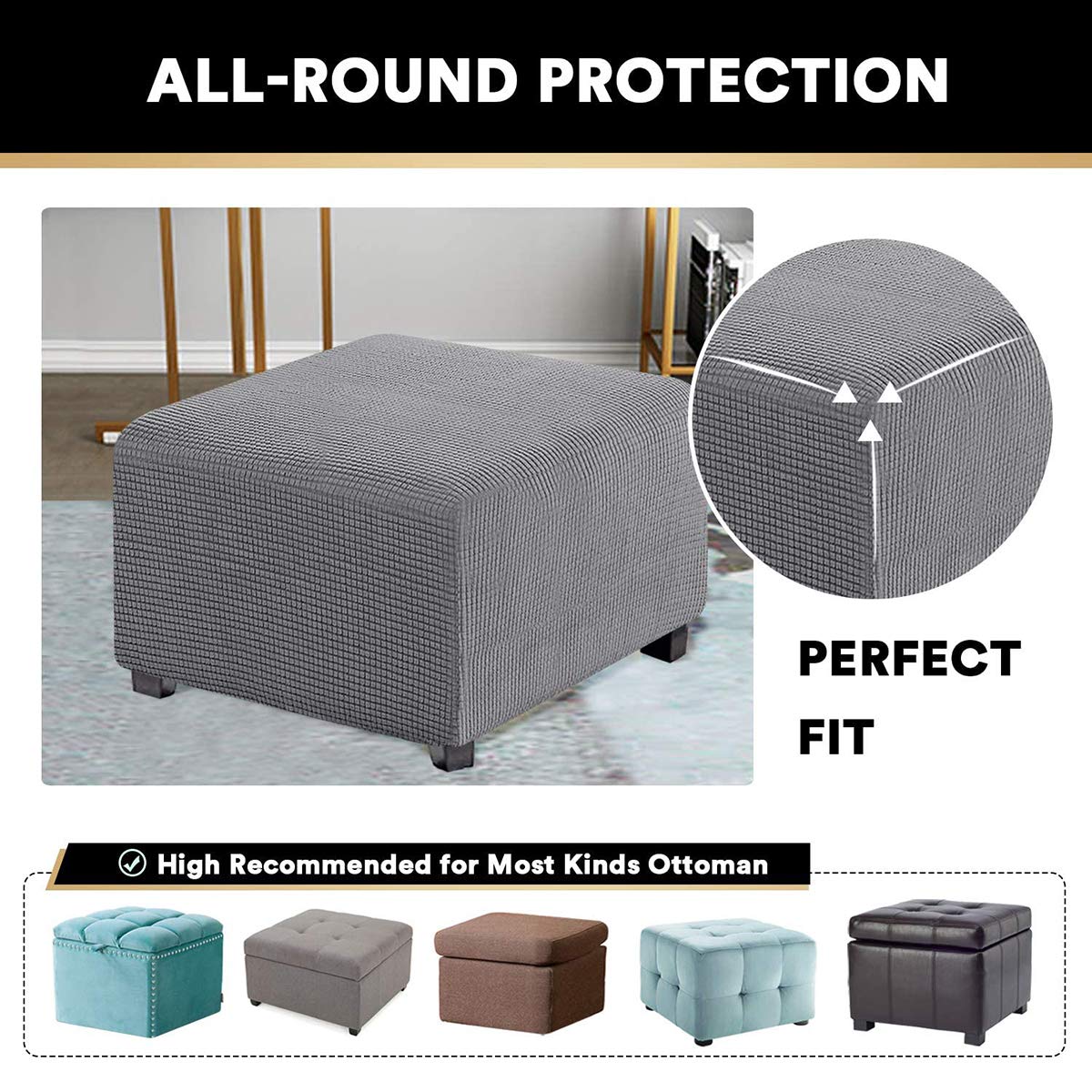 Copri Pouf Elasticizzato, Copridivano, Copertura Dell'Ottomano In Tessuto Elastico Fodera Per Rivestimento Jacquard (Grigio,Large)