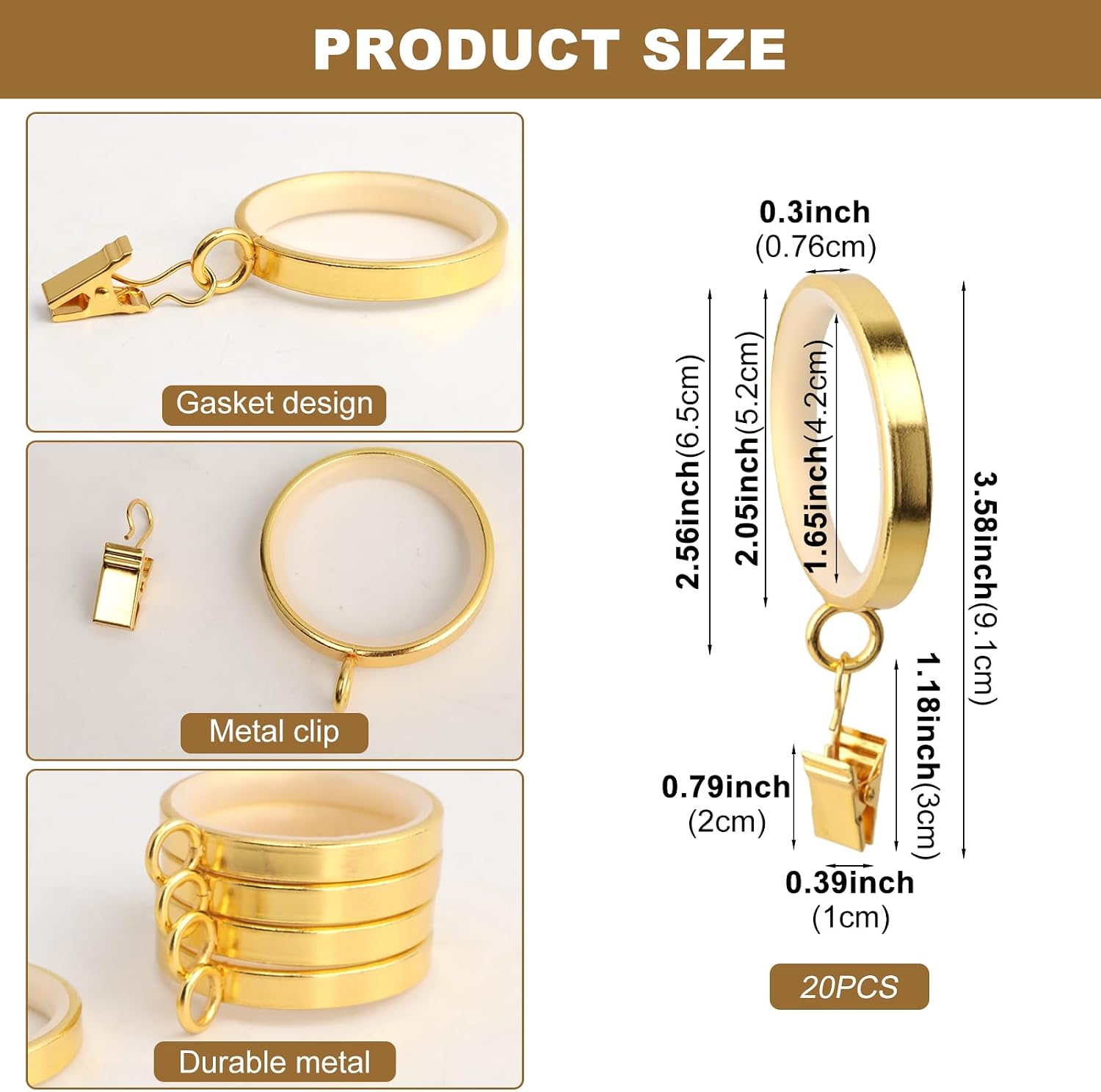 20 Pack Easy Glide Curtain Rings with Clips, Premium Metal Drapery Rings with Silent Nylon Inserts, Curtain Rod Clips & Rings with 1-5/8 inch Inside Diameter (Gold)
