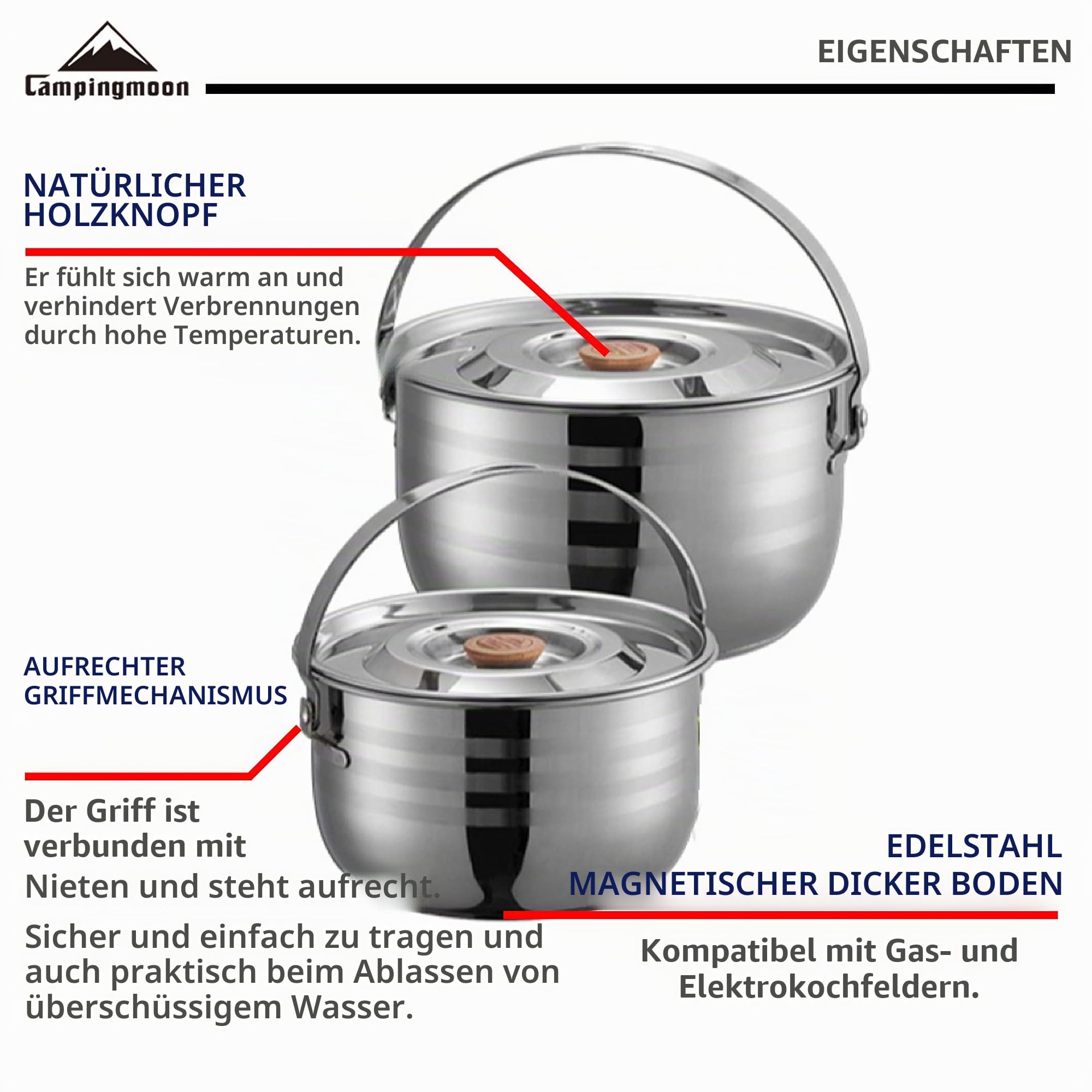 Campingmoon Edelstahl-Kochgeschirr-Set für den Außenbereich, Camping, Kochtöpfe, Pfannen mit Aufbewahrungstasche