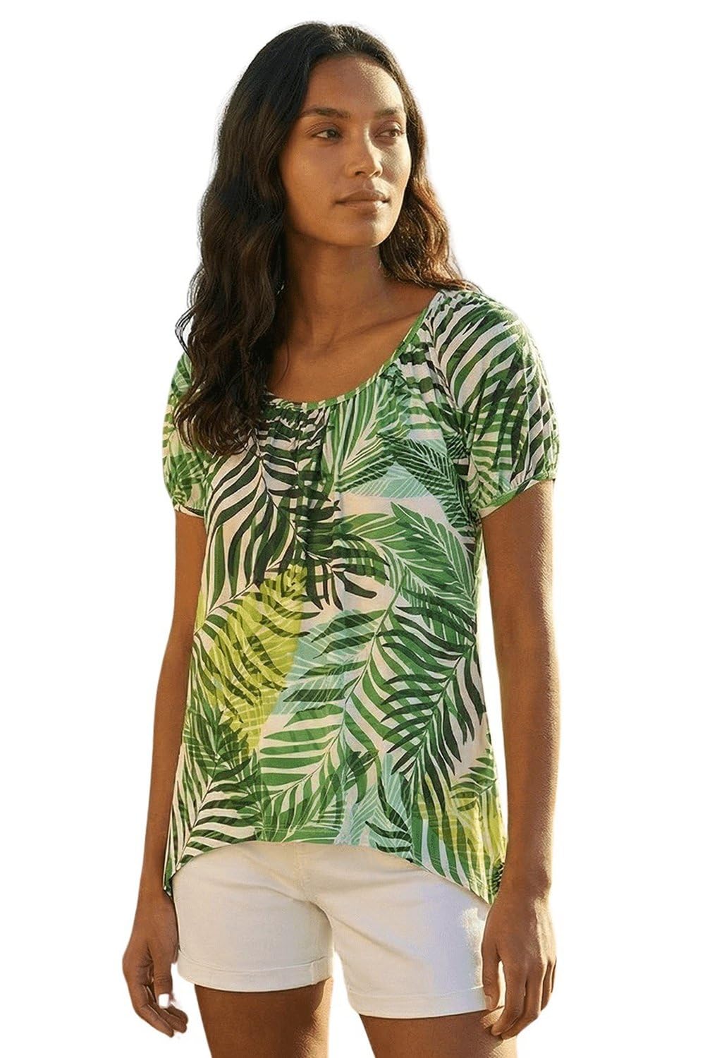 Roman Women's Leaf Print Asymmetric Stretch Tunic Top in Green | Size: 12