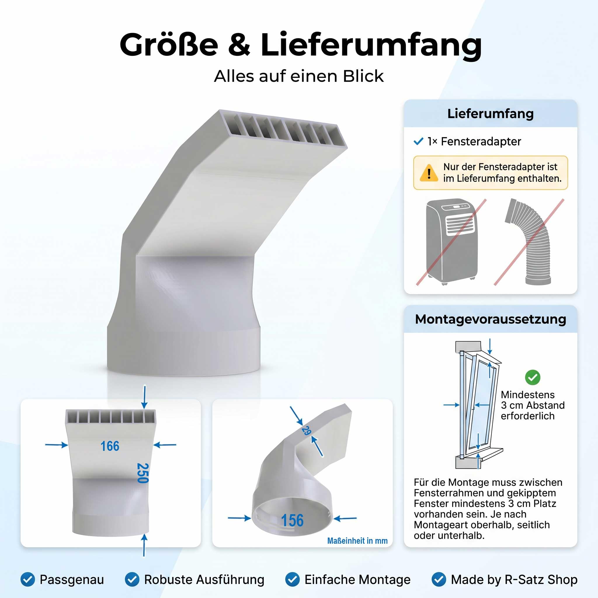 Klimaanlage Abluftschlauch Adapter 150 mm (DN150) für mobile Klimageräte – Fensteradapter für Kippfenster, Dachfenster & Schwingfenster – Passend für VEKA, Schüco, Rehau, VELUX & ROTO | R-Satz Shop