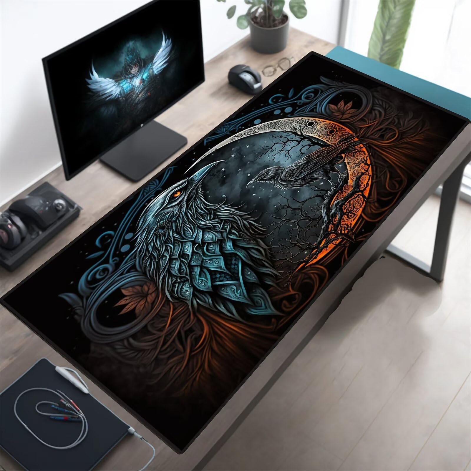Grand Tapis de Souris XXL Lune Aigle Animal 800 x 400 x 3mm, Tapis de Bureau Gamer avec Bords Cousus et Base Antidérapante pour Haute Précision et Vitesse