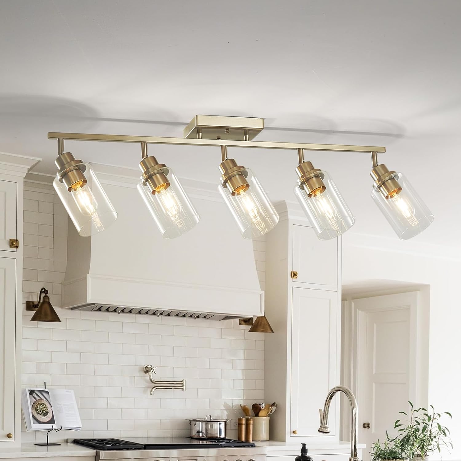 LOUSACE 5-Light Brushed Nickel Track Lighting Kit with Clear Glass, Modern Track Light Fixtures Flush Ceiling Mounted, Tracking Vanity Lighting Rotatable Spotlight for Kitchen Bathroom Accent Shop