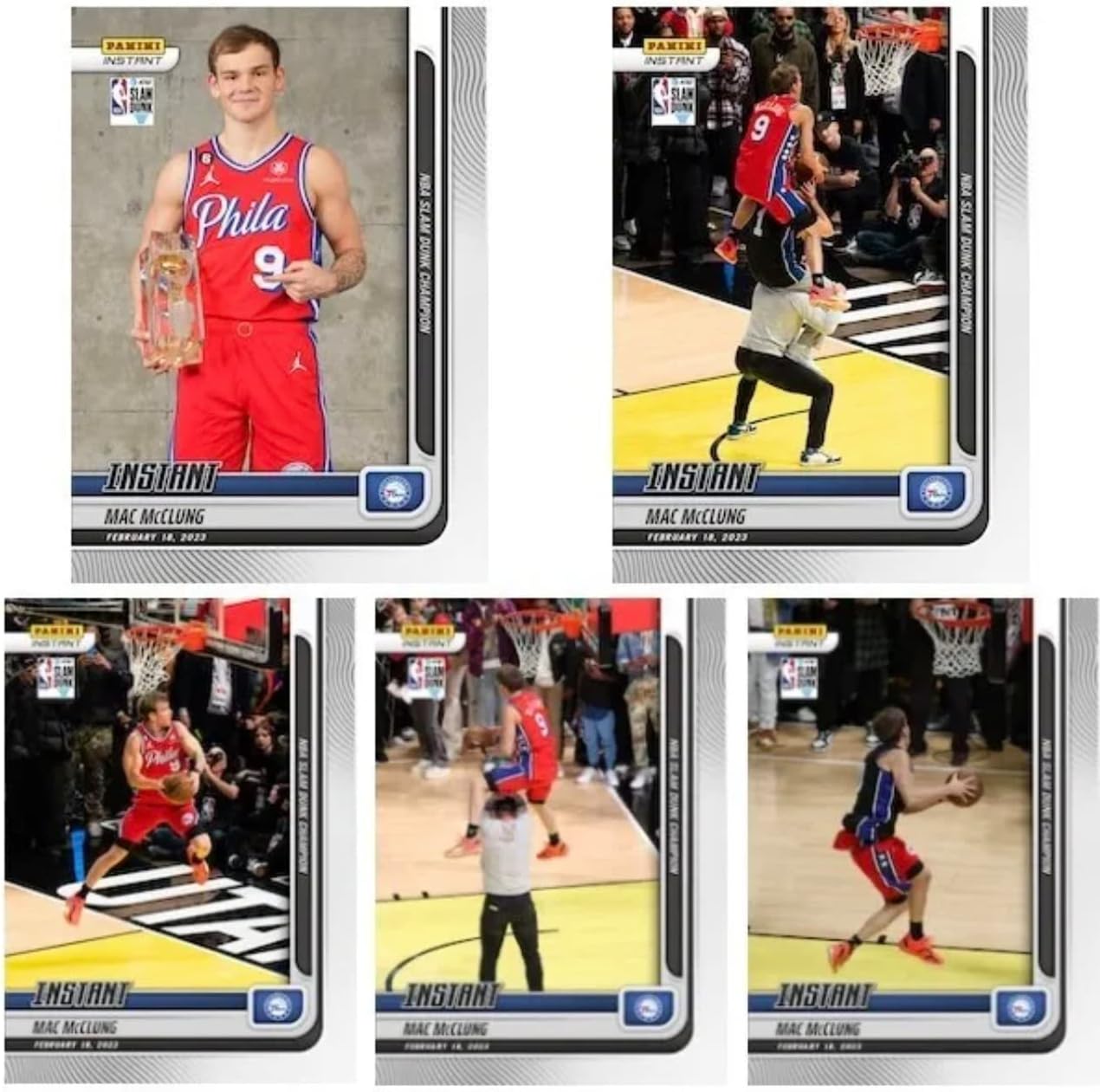 2022-23 Panini Instant Mac McClung ‘23 Slam Dunk Champion 5-Card Set -Highlighting his Dunks and Award- 2/18/23 Basketball Trading Cards- Philadelphia 76ers- Print Run of Only 720 Sets Produced! All 5 Cards shipped in Protective Screwdown Holders.