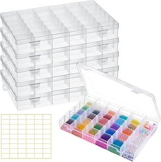 24 Pcs Adjustable 36 Grids Clear Plastic Organizer Box Bead Storage Containers Craft Storage with Adjustable Dividers for Beads, DIY, Crafts, Jewelry, Fishing Tackle with Label Stickers