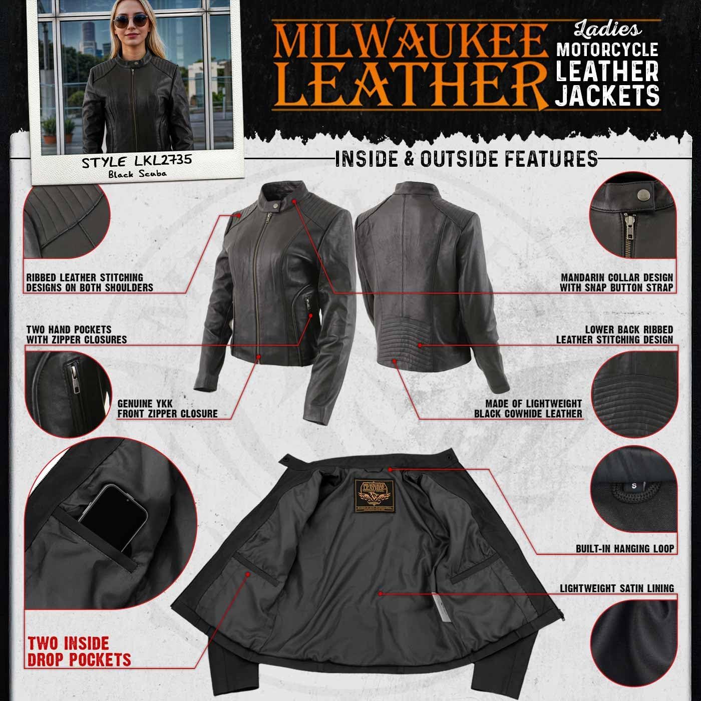 Milwaukee Leather LKL2735 Women's Black Premium Leather Scuba Style Biker Jacket w/Mandarin Collar - Image 2