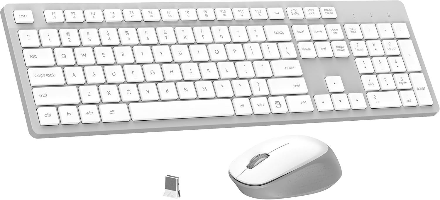 LeadsaiL K786 Wireless Keyboard and Mouse Combo, 2.4GHz Lag-Free Wireless, Full Size Ergonomic Keyboard Silent Mouse for Windows Mac PC Laptop, 12 FN Shortcuts, Long Battery Life – White and Grey LeadsaiL K786 Wireless Keyboard and Mouse Combo, 2.4GHz Lag-Free Wireless, Full Size Ergonomic Keyboard Silent Mouse for Windows Mac PC Laptop, 12 FN Shortcuts, Long Battery Life – White and Grey
