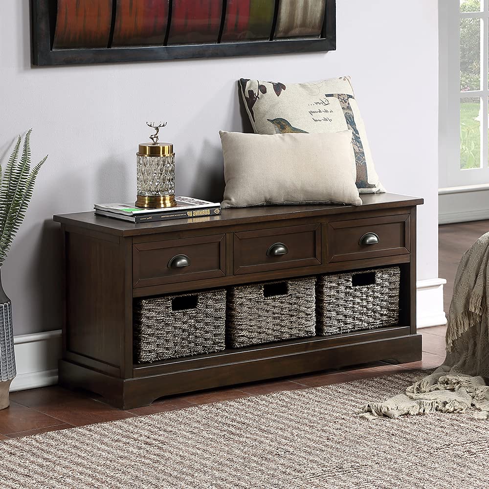 P PURLOVE Storage Bench Homes Collection Wicker Storage Bench with 3 Drawers and 3 Woven Baskets, Wood Entryway Shoe Bench for Hallway, Entryway, Mudroom and Living Room