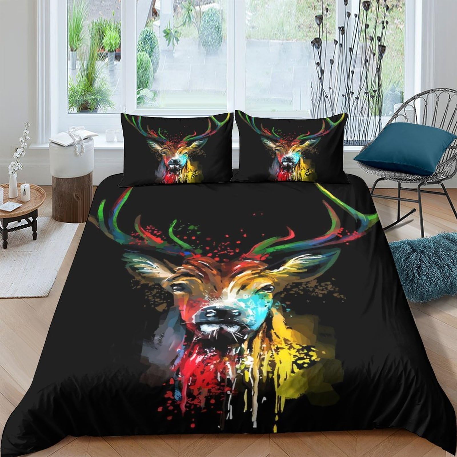 P5V6M1Q9 3D Printed Colourful Deer Duvet Cover Microfiber Soft Breathable Abstract Antler Bedding Set with 2 Pillowcases for Bedroom Decor Single（135x200cm）