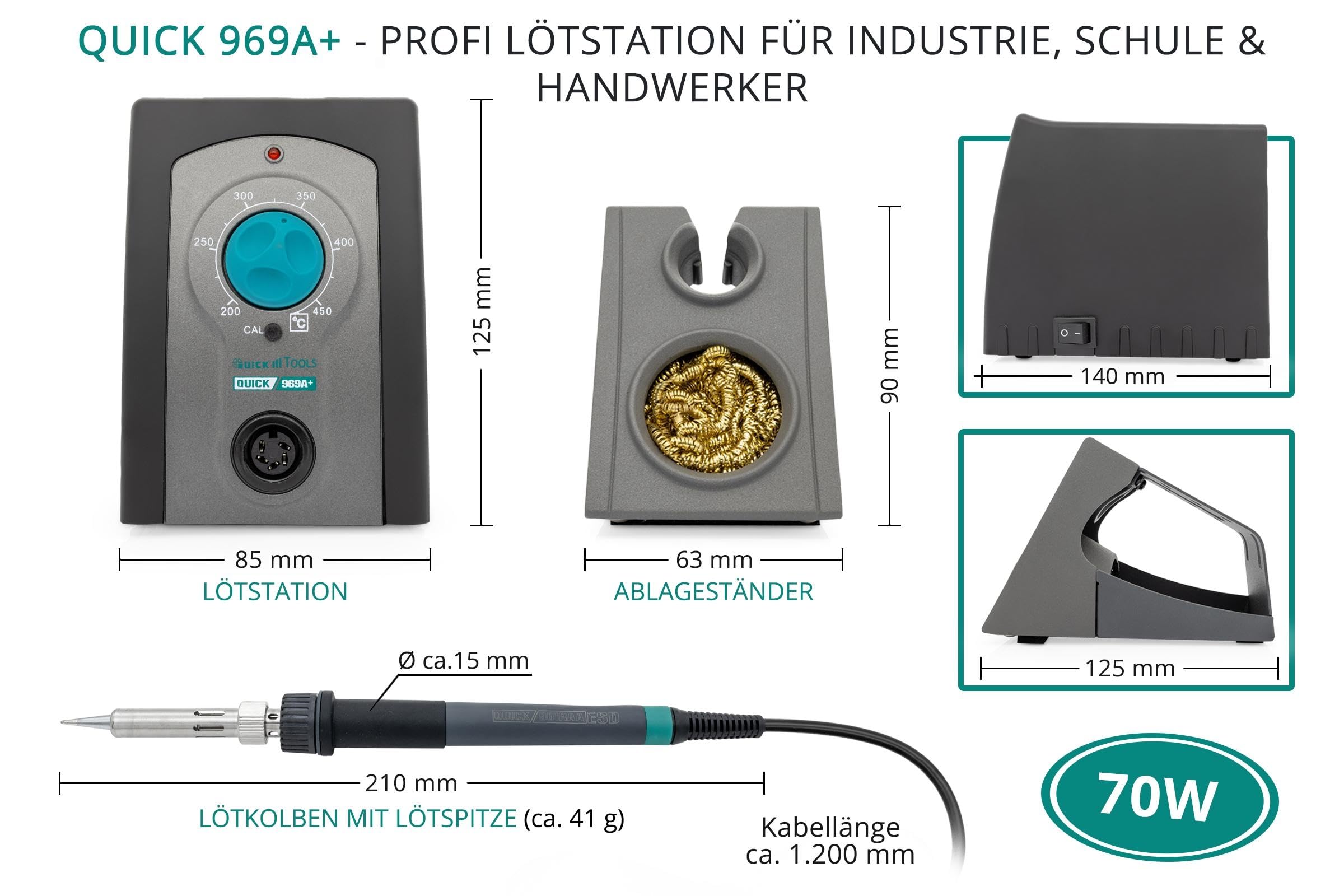 QUICK Stazione saldatrice industriale analogica 969A+, 70 W, temperatura di lavoro regolabile da 200 a 450 °C, calibrabile, set con supporto e punta di saldatura da 0,5 mm, per saldatura senza piombo