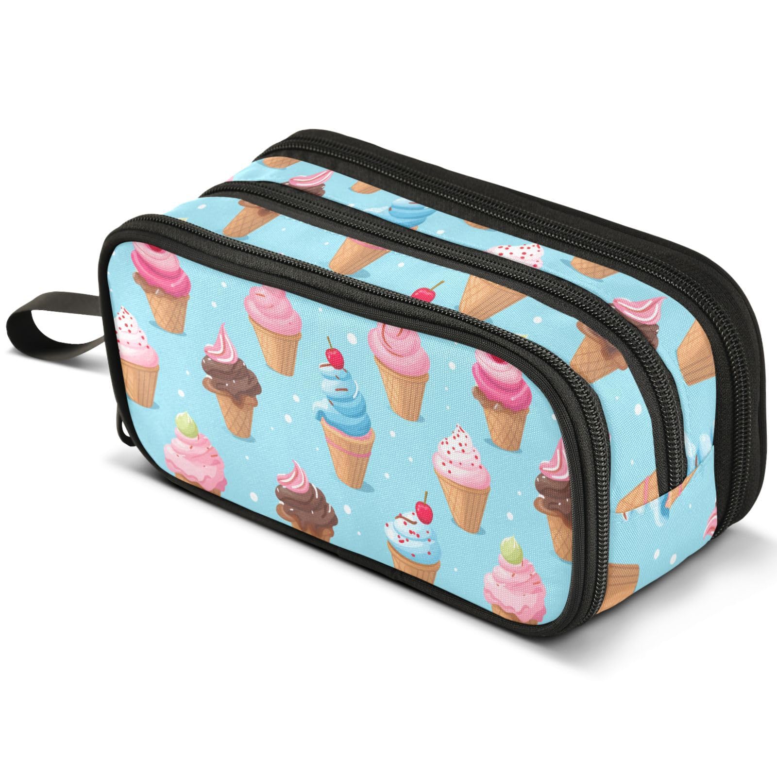 Mnsruu Cute Ice Cream Blue Print Pencil Case Large Capacity Pen Pouch Pencil Bag with 3 Compartments Pen Holder Organizer Stationery Bag