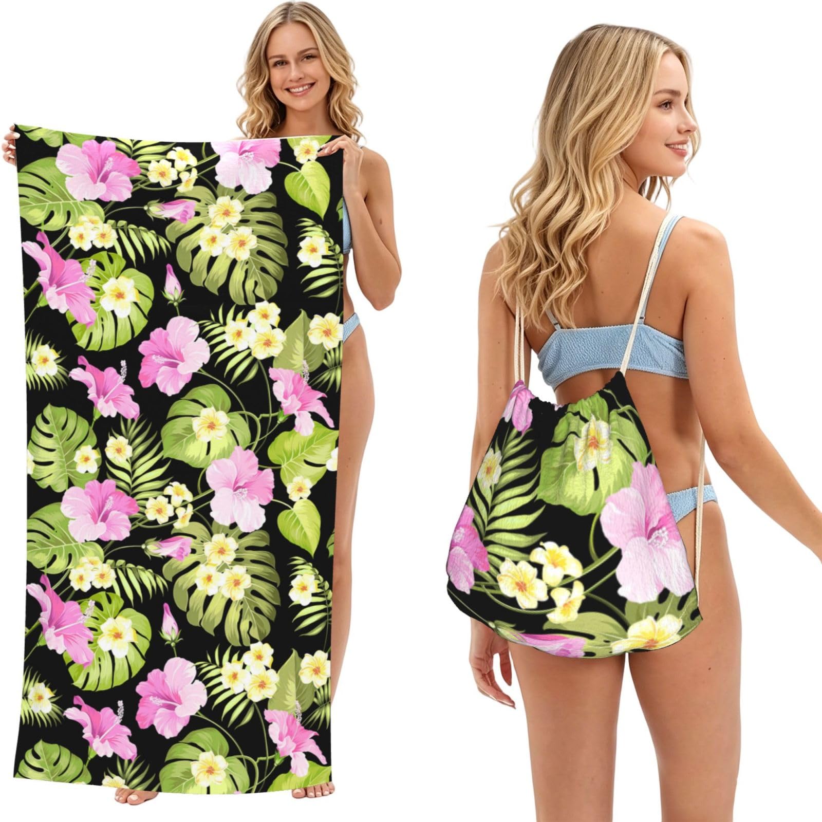 Poadnly As Picture Tropical Pink Flowers And Jungle Palms, 2 In 1 Packable Towel Bag, Beach Towels With Drawstring Backpack For Travel Holiday Camping