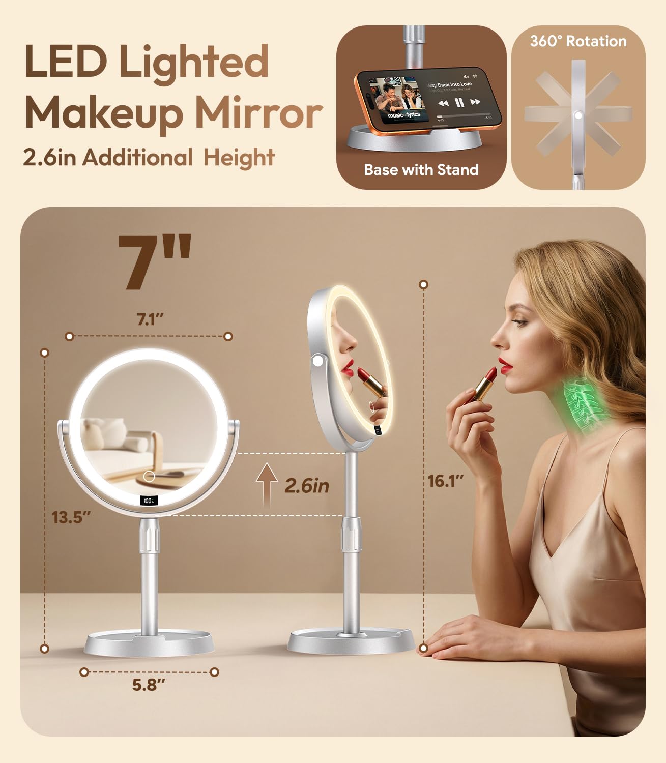 Specchio da trucco illuminato in ABS da 17,8 cm, con luci, ingrandimento 1X/20X con luce e display digitale, altezza regolabile da 6,6 cm, ricaricabile, 3 modalità di colore per trucco e rasatura