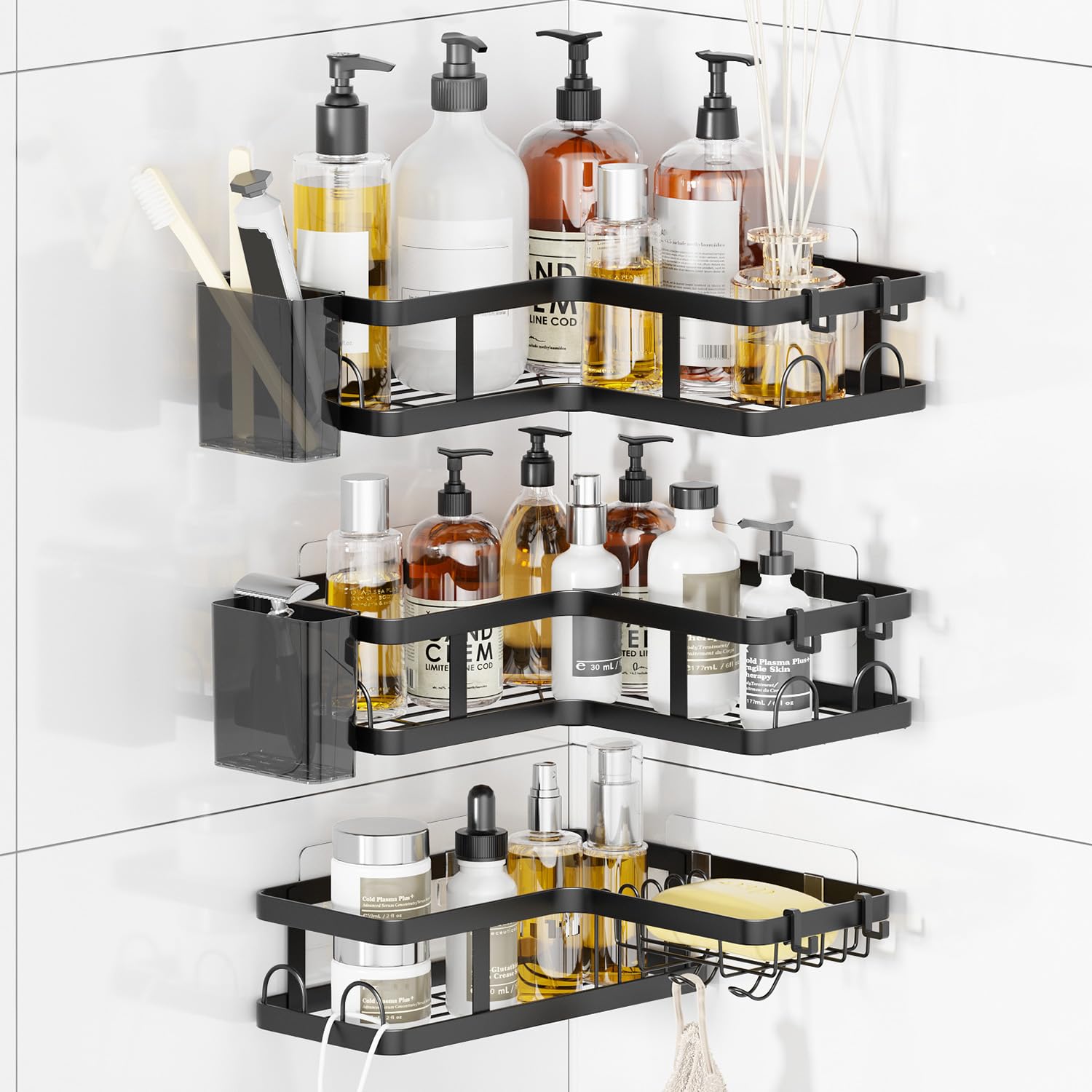 PUPILLEMON 3 Pack Corner Shower Caddy Organizer, Rustproof Corner Shower Shelves, No Drilling Bathroom Corner Shelf with Hooks and Toothpaste Holder - 2