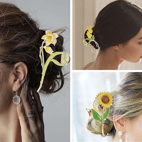 Miniatura 7 de 3 pinzas para el cabello de metal floral, diseños de trigo y lirio de girasol para cabello fino y grueso medio, elegantes pasadores con fuerte
