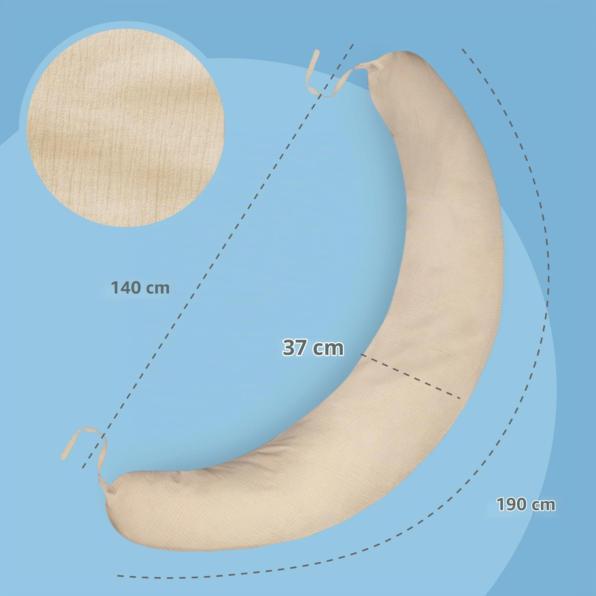 Totsy Baby Körperkissen 190 cm Lagerungskissen für Erwachsene – langes Body Pillow Komfortkissen zum Lesen und Anlehnen mit abnehmbarem Bezug Reißverschluss Beige Oeko-Tex