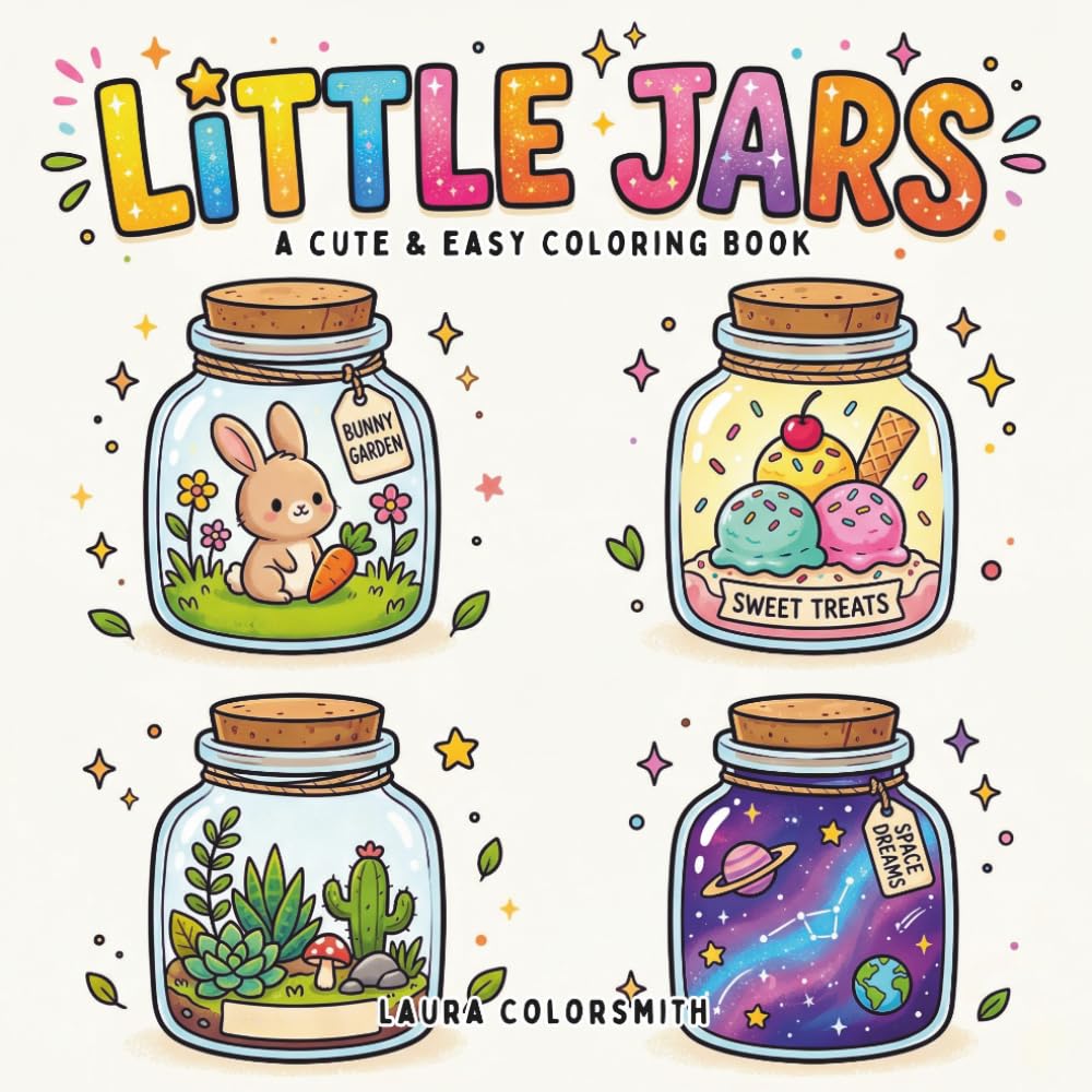 Little Jars - A Cute & Easy Coloring Book: Whimsical Tiny Worlds in Jars with Cute Animals, Fantasy Scenes, and Easy Designs for Relaxation (Relaxation Coloring Book)