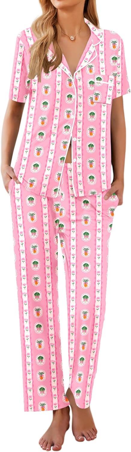 Ekouaer Women Pajamas Set Button Down Sleepwear Short Sleeve Nightwear with Long Pants Soft Pjs Set S-XXL
