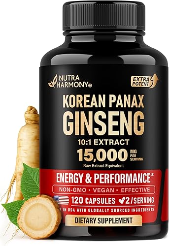 Panax Ginseng 15,000 mg - Suplemento de ginseng coreano rojo para hombres - Extracto extra fuerte 101 - Energía, enfoque, productividad y