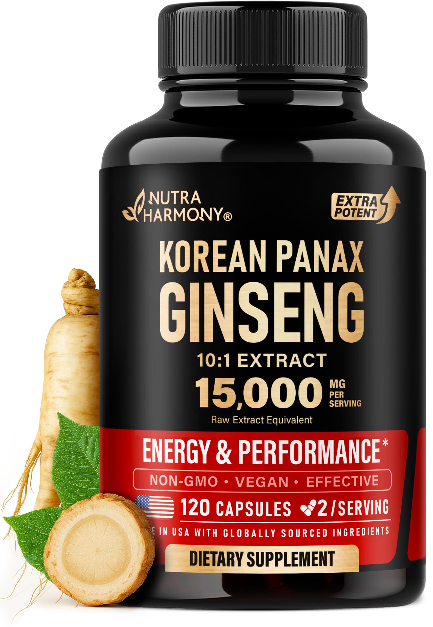 Panax Ginseng 15,000 mg - Red Korean Ginseng Supplement for Men - Extra Strength 10:1 Extract - Energy, Focus, Productivity & Performance - Natural & Vegan - Made in USA - 120 Capsules, 2 Month Supply