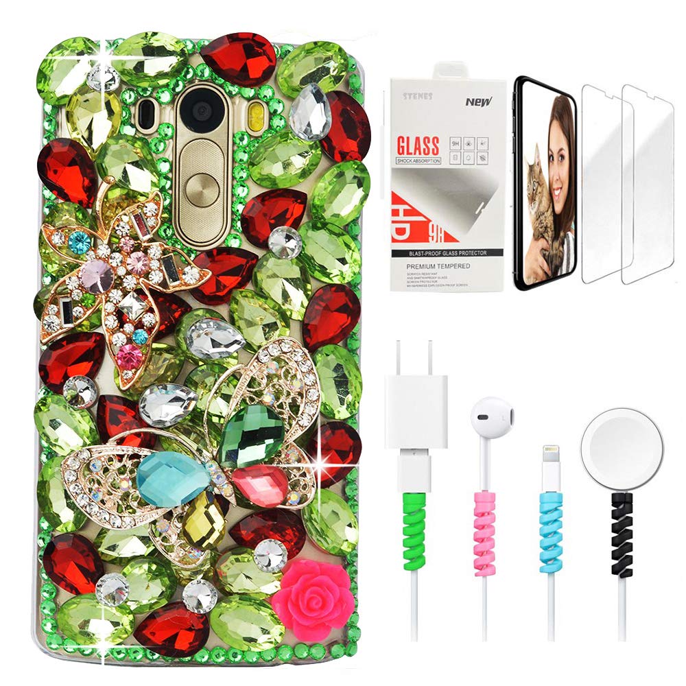 STENES Bling Phone Case Compatible with LG Stylo 5 / Stylo 5V / Stylo 5 Plus - Stylish - 3D Handmade Sparkle Series Maple Leaf Butterfly Design Cover with Screen Protector & Cable Protector - Green