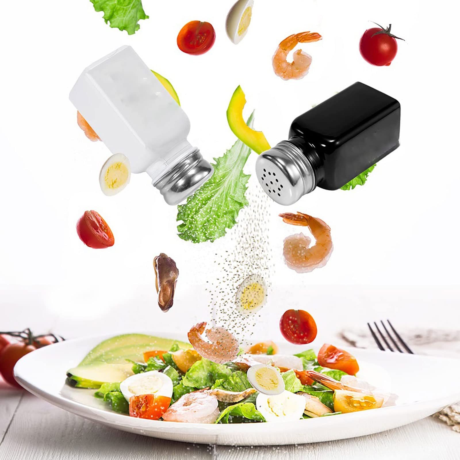 Juego de 2 saleros y pimenteros vintage de vidrio negro y blanco con tapa de acero inoxidable, botellas dispensadoras de condimentos para Kichen