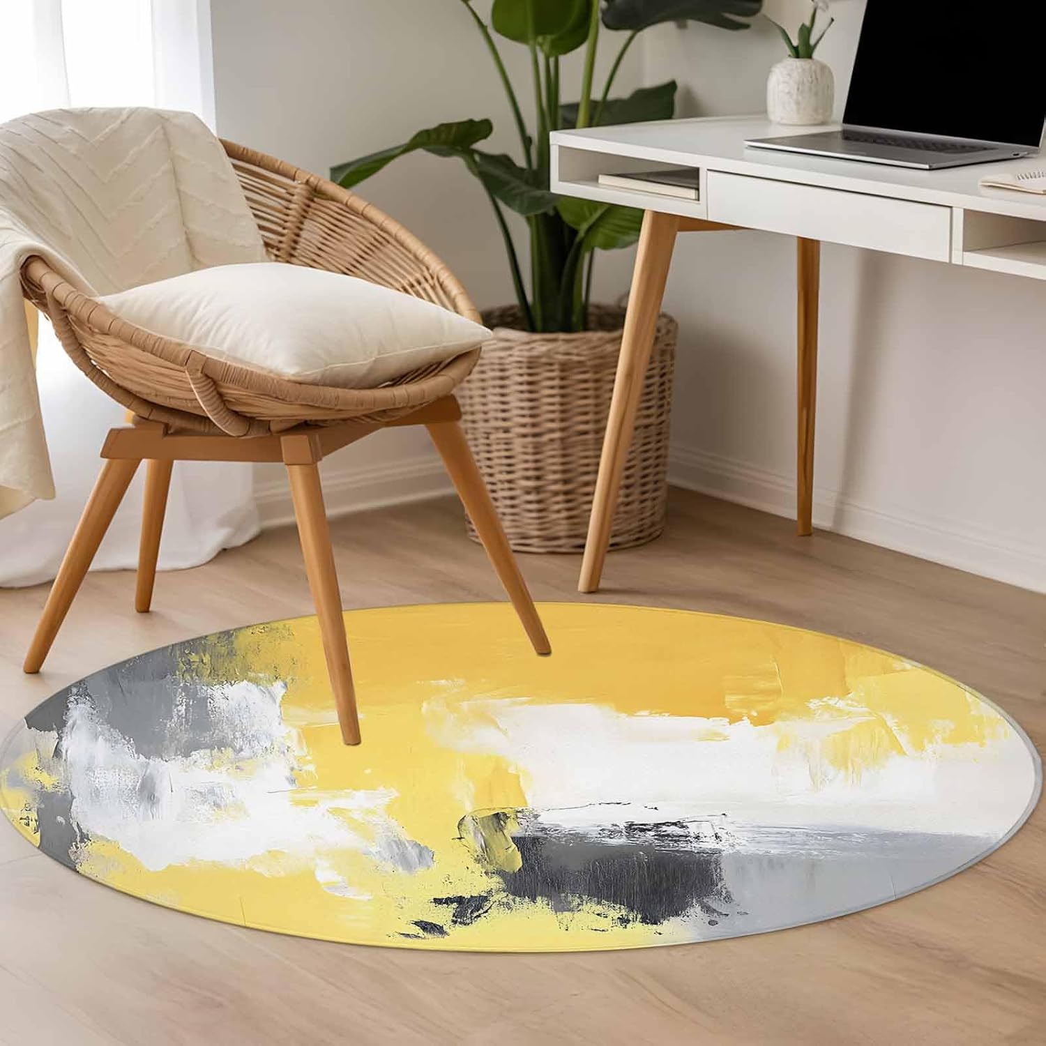 Round Rugs 3.3ft, Yellow Gray Non Slip Washable Rug Runner, Modern Oil Painted Abstract Geometric Low Pile Indoor Floor Carpet Mat Bathroom Rugs for Living Room, Bedroom, Kids Room