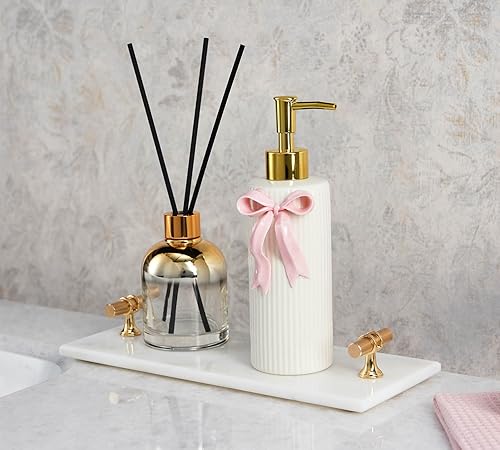 Miniatura 6 de Dispensador de jabón de cerámica hecho a mano, dispensador de líquido de loción para manos, recargable para decoración de cocina y baño (cinta rosa)