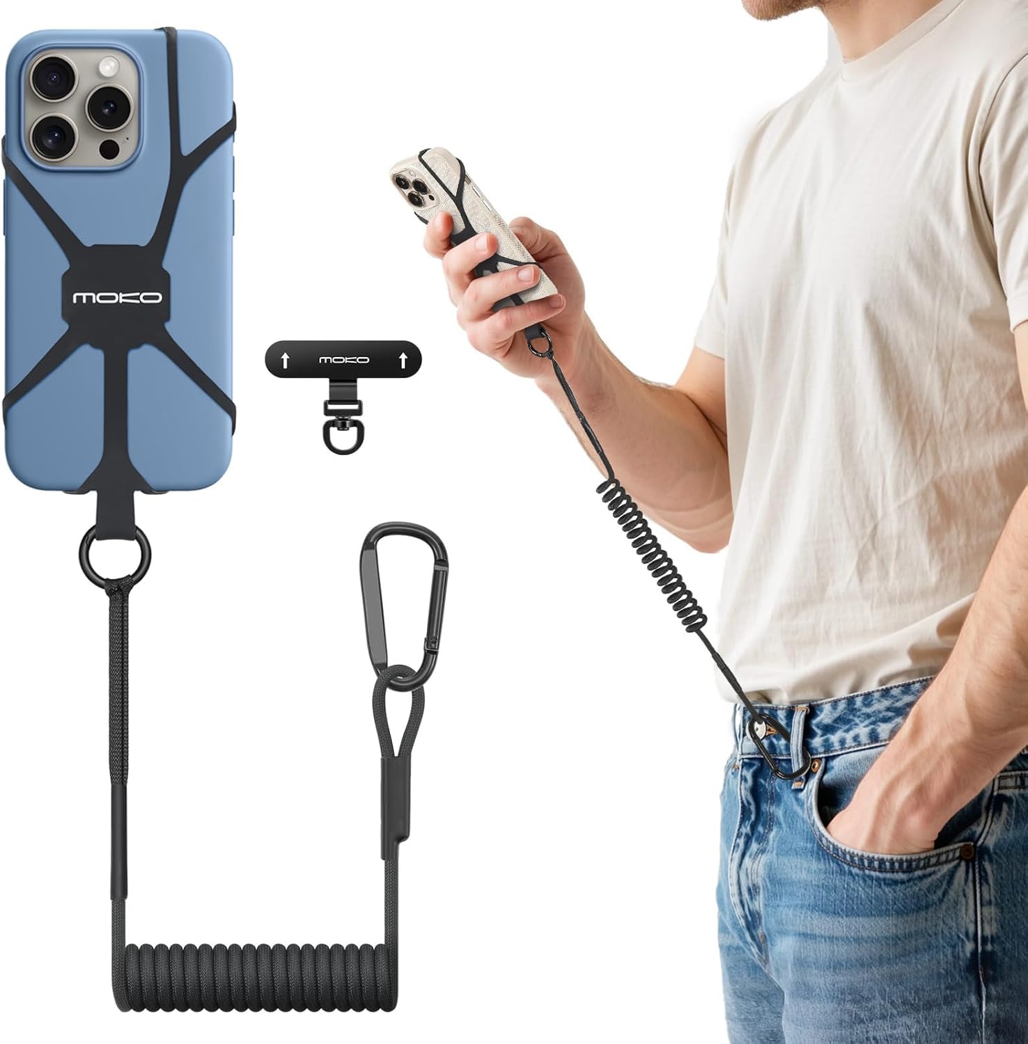 MoKo Retractable Phone Tether Lanyard, Anti-theft Cell Phone Strap with Silicone Sleeve-Fits up to 6.8" Phones, 360° Metal Tether Tab Cellphone Leash Harness for Fishing, Skiing, Kayak, Travel, Black