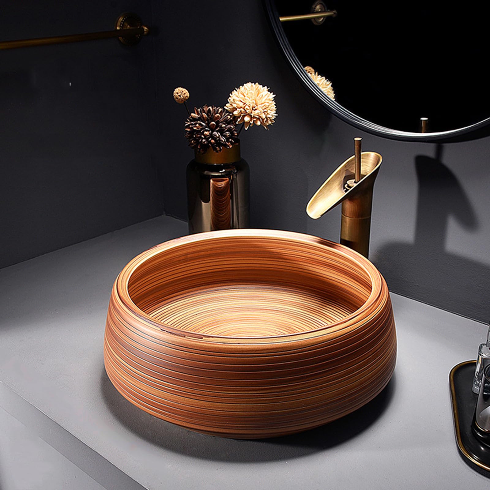 Aioneer Round Countertop Basin Sink Bowl,16.5Inch Round Above Counter Porcelain Ceramic Sink Bowl With Faucets Combo Ceramic Vessel Washbasin For Lavatory Bathroom