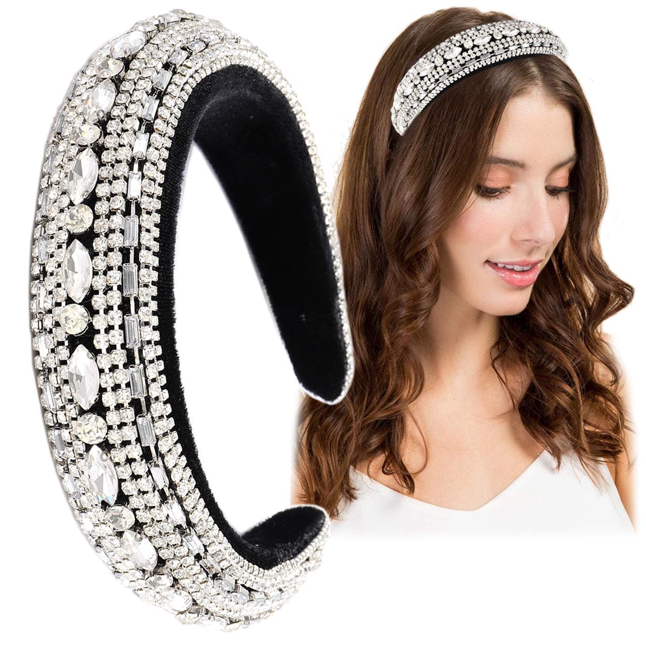 Rhinestone Padded Headband Women Velvet Clear Crystal Embellished  