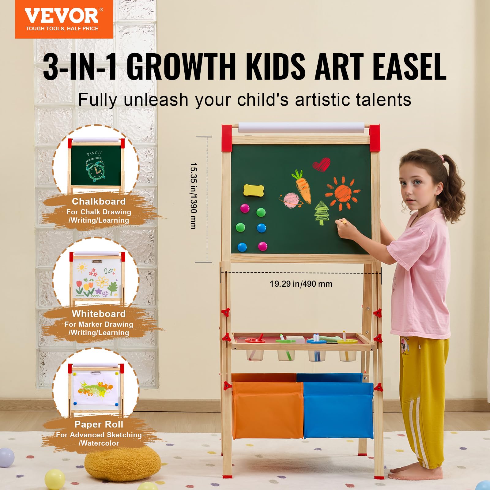 VEVOR Cavalletto da Arte per Bambini 3 in 1, Cavalletto da Arte in Legno a Doppia Faccia con Lavagna Magnetica e Rotolo di Carta, Tavolo da Disegno Regolabile con Accessori per Pittura per Ragazzi
