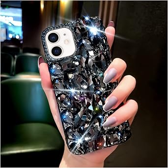 for iPhone 12 Case & iPhone 12 Pro Case for Women,very shiny Luxury Bling Phone Case with 3D Glitter Sparkle Crystal Rhinestone Diamond Gems on Hard Reflective PC Back Cover for GirlsBlack