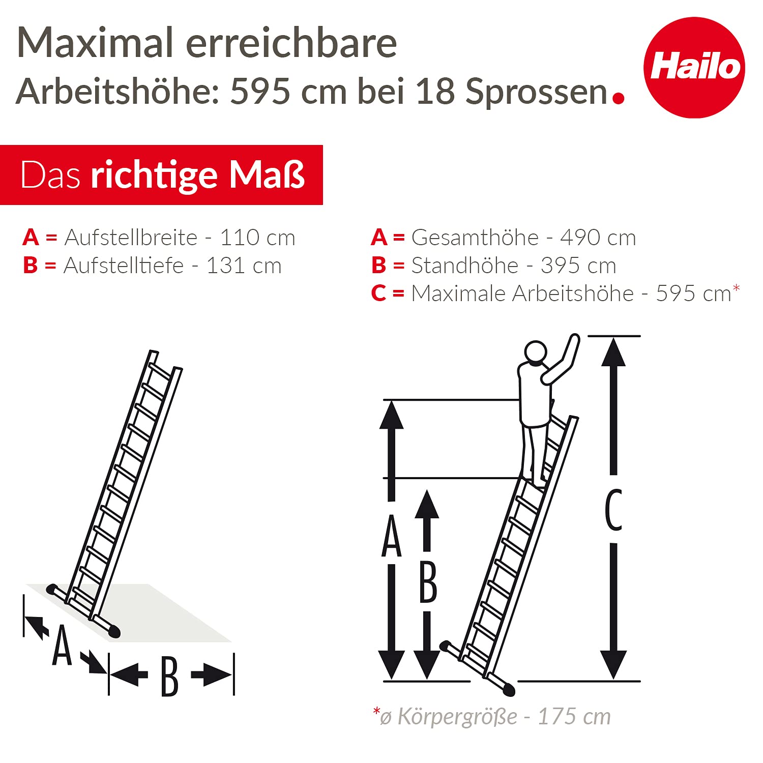 Hailo S60 ProfiStep UNO - Escalera de 18 peldaños de Aluminio con 2 Patas para Patas, soporta hasta 150 kg, Escalera de Aluminio Fabricada en Alemania, peldaños inoxidables, Color Plateado