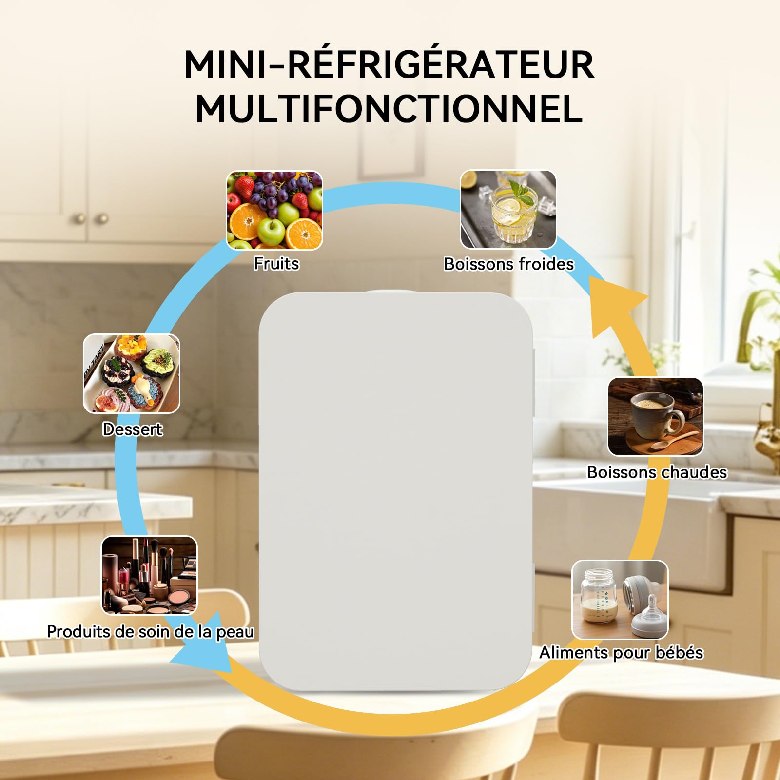 YOURLITE Mini Frigo de Chambre 8L, Mini Réfrigérateur Portable, Fonction Chaud Froid, Silencieux, 12V 240V, Beige