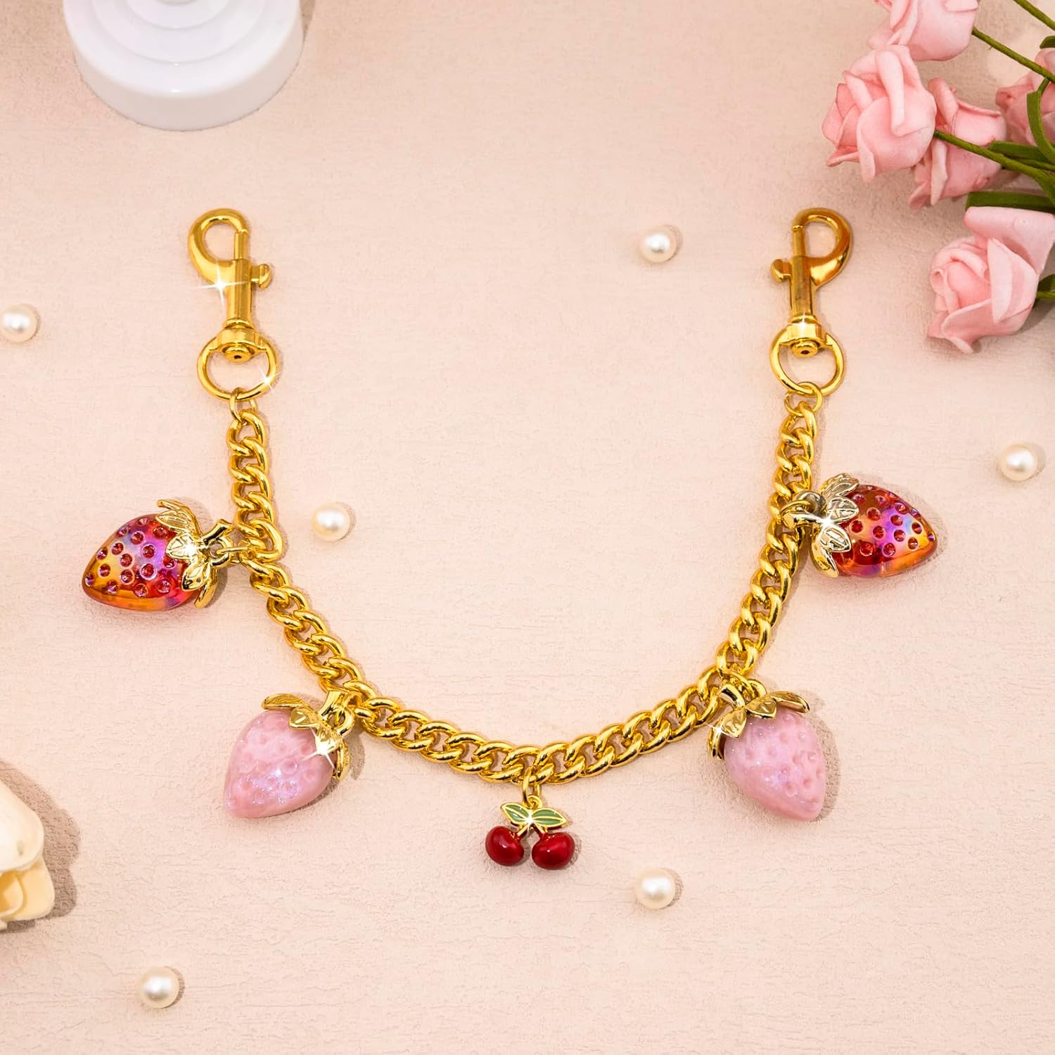 Strawberry Cherry Gold Bag Purse Chain Charms for Handbags Purses - Fruit Keychain Charm Purse Accessories for Women with Lobster Clasp - Image 5
