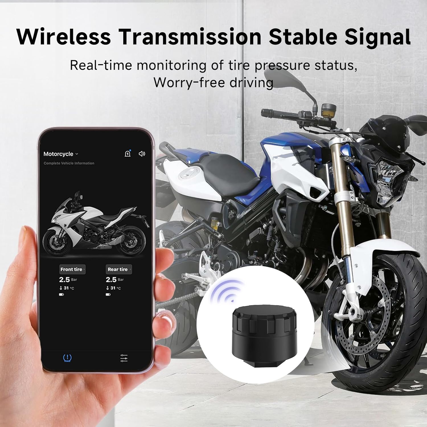 Motorcycle Tire Pressure Monitoring System, Wireless Sensor Real-Time Tire Monitoring, 2 Externa BLE TPMS Sensors for Bike, Ebike, Motorbike, Sportbike & Bicycle, App Supports iOS & Android