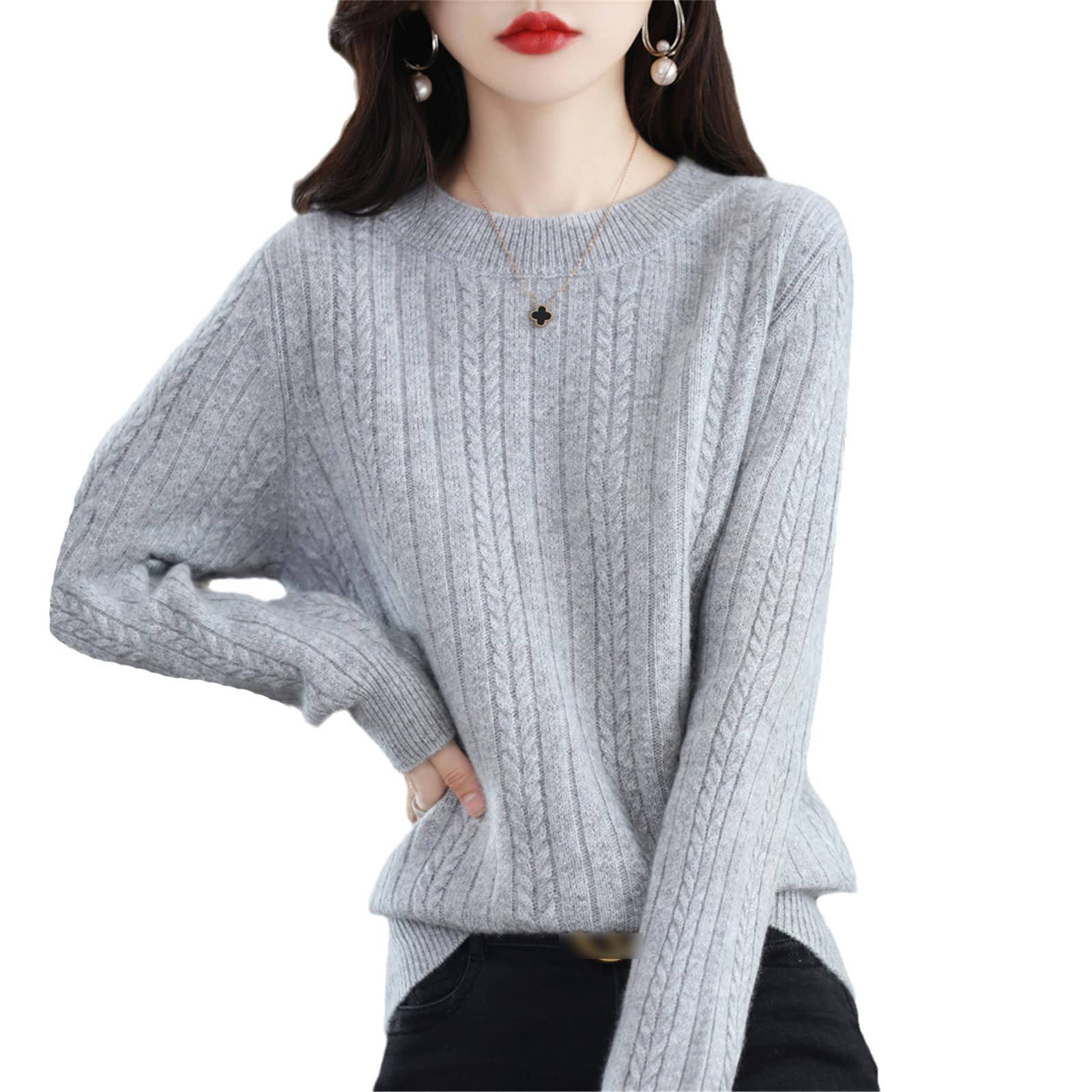 Suéter de cachemira para mujer, cuello redondo, suéter de otoño e invierno, nudo superior, suéter de lana engrosada, gris, M