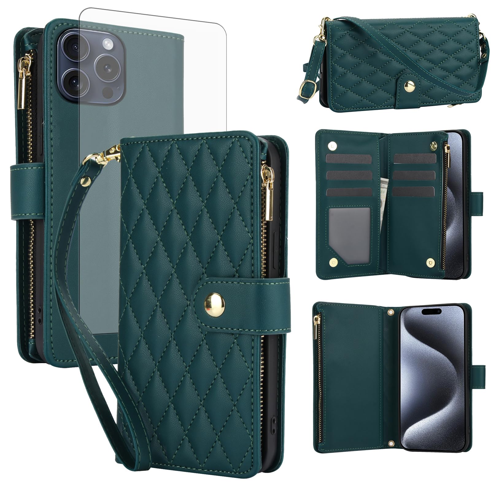 Asuwish Handyhülle für iPhone 15 Pro Max Hülle mit Band Folie Schutzfolie Kartenfach Klappbar Leder Geldbörse Ständer i-Phone 15Pro Promax i Phoenix 15ProMax Handy Hüllen Schutzhülle Phone Case Grün