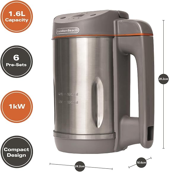 Hamilton Beach 3-in-1 Soup Maker, Smoothie Blender & Jam Maker, 1.6L, Easy Read Angled Digital Display, Auto-Stir & Overspill Sensor, Makes 4-6 Portions of Soup, Easy Clean, Grey - HBSM003G