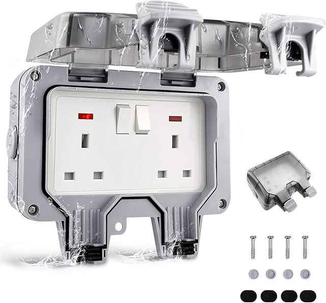 Outdoor Sockets Waterproof Double Socket, Weatherproof Outdoor Sockets Outdoor Outside Plug Socket 13A IP66 Wall Electrical Outlets Switched Socket Covers